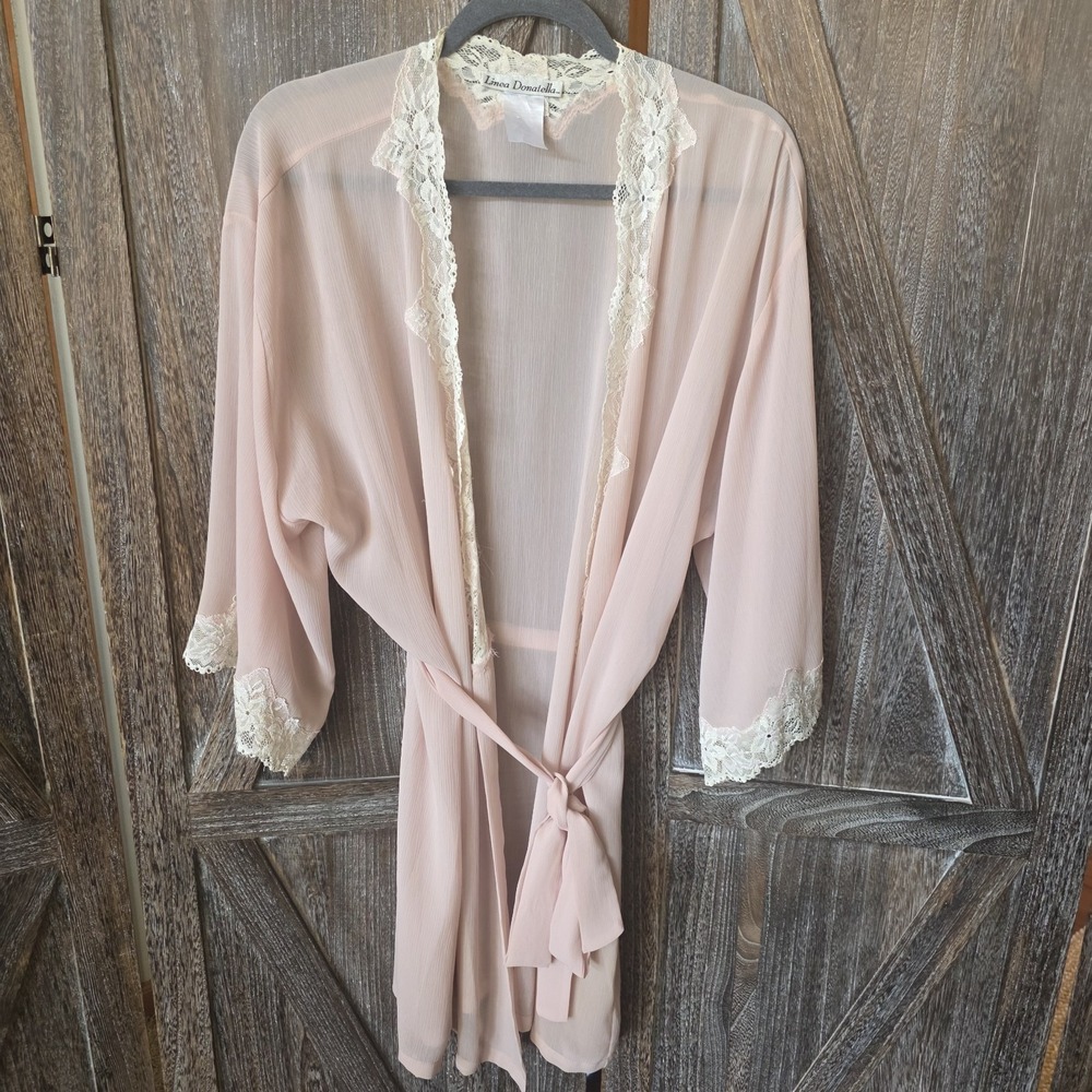 Linea Donetella Robe Women's Size Large Blush Belted Tie Lace Details Sheer
